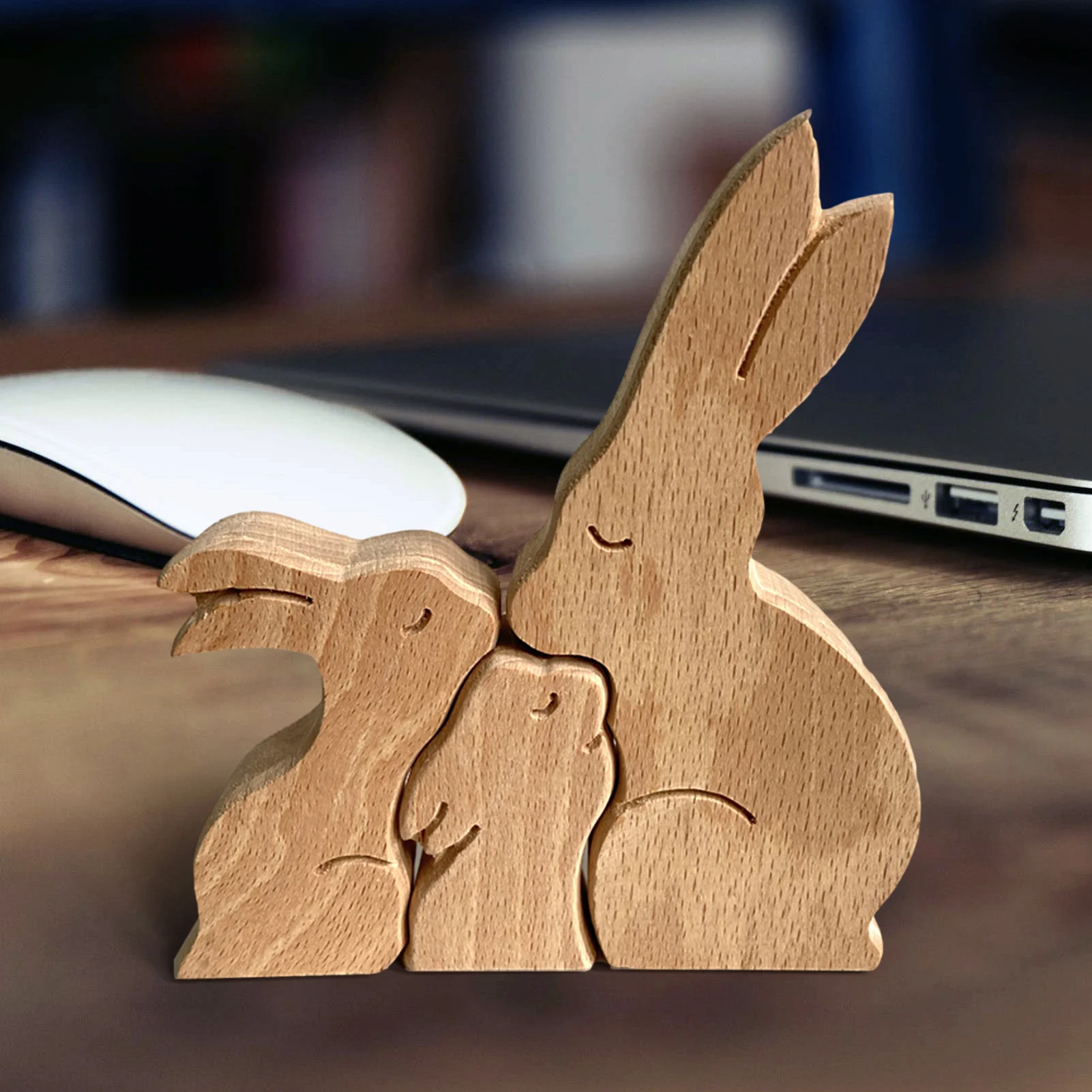 ESTATUILLA familiar de conejo de madera, decoración de Pascua, linda familia de tres conejos, estatua de madera, adorno en miniatura, artesanías de San Valentín