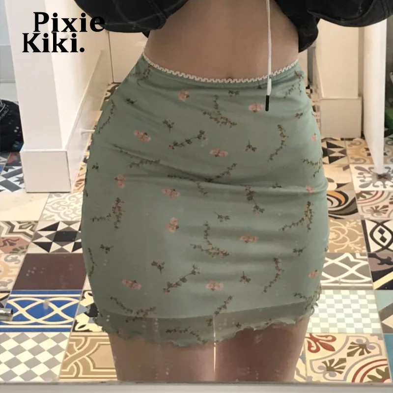 Фото Зеленые сетчатые мини-юбки PixieKiki с цветочным принтом и высокой талией одежда Y2k