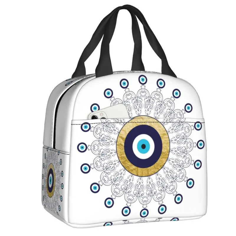 

Custom Evil Eye Mandala In Gold And Blue Lunch Bag Women Cooler Thermal Insulated Lunch Boxes for Student School