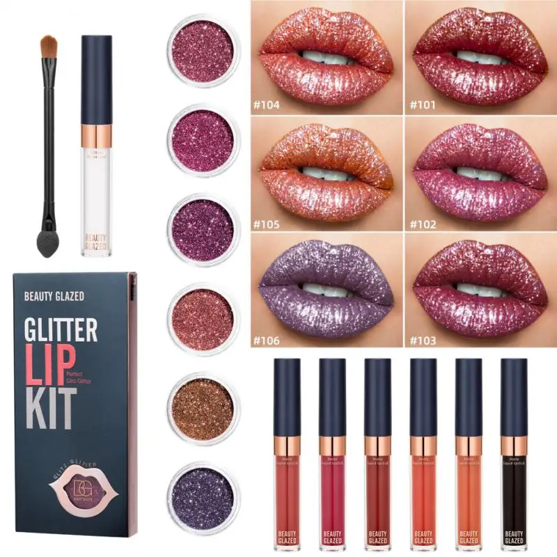 

Diy Diamond Shiny Lips Moisture Lip Gloss 4pcs Set Velvet Matte Lipstick Lip Brush Shimmer Sequins Glitter Lipgloss Set