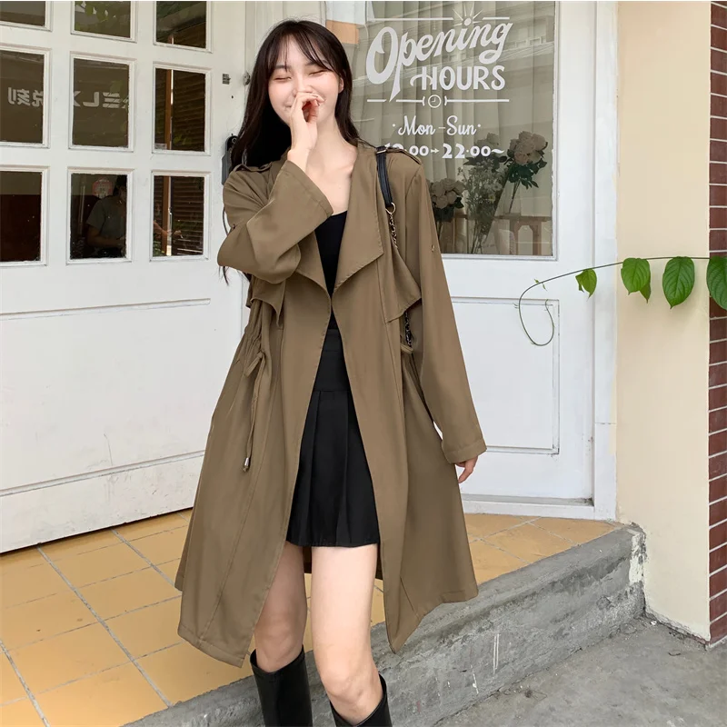 

Make Spot Big Yards Han Edition Accept Waist British Female Autumn Atmosphere Quality Thin Section Long Trench Coat