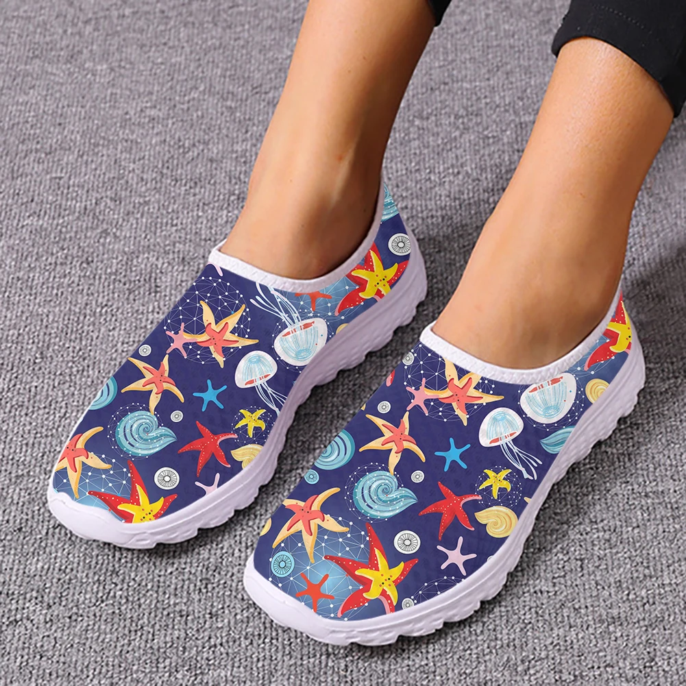 

Starfish Jellyfish Shell Print Ladies Shock Absorption Sneakers Spring Autumn Unisex Flats Shoe Air Mesh Comfort Slip-on Loafers