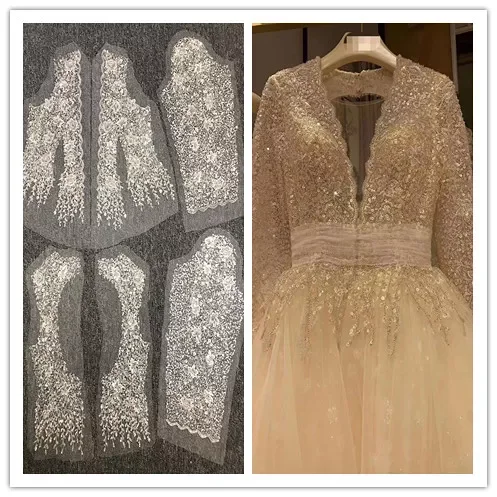 

Long Sleeve Bridal Wedding Dress Luxury European and American Wedding Sequin Silver Beads Lace Fabric RS2985