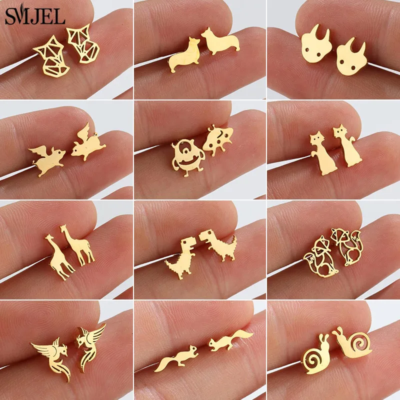 

Gold Stainless Steel Animal Cute Earrings for Women Kids Summer Fashion Fox Dog Giraffe Dinosaur Earring Girls Jewelry Oorbellen