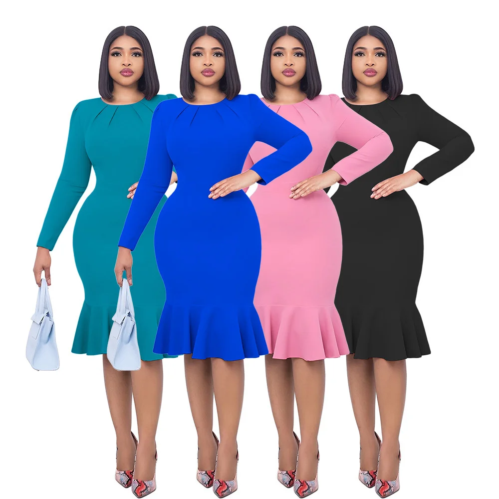 

Women Office Lady Dress Spring 2023 Female Round Neck Black OL Work Midi Mermaid Dresses Femme Pink Sexy Casual Midi Vestidos