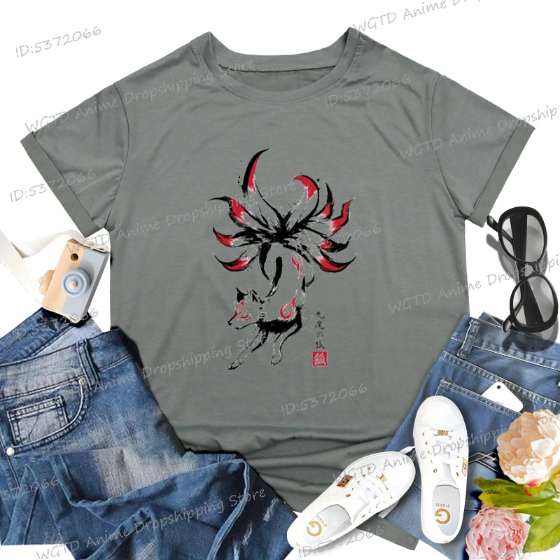 Nine-tailed Fox Classic Tops Harajuku Fashion T-shirt Women Kyubi No Kitsune Sumi Casual Top Womens Crew Neck T-shirts