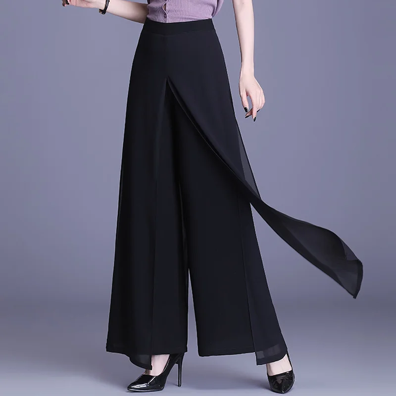 

Summer Wide Leg Pants Women's Long Trousers Casual Vintage High Waist Chiffon Side Split Loose Bohemia Skirt Pants Solid Color
