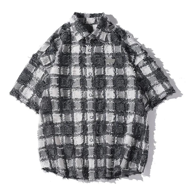 

Summer Denim Men Japanese Retro Checkerboard Grid Design Casual Short Sleeves Shirt Trend Heart Men's Clothing 2023