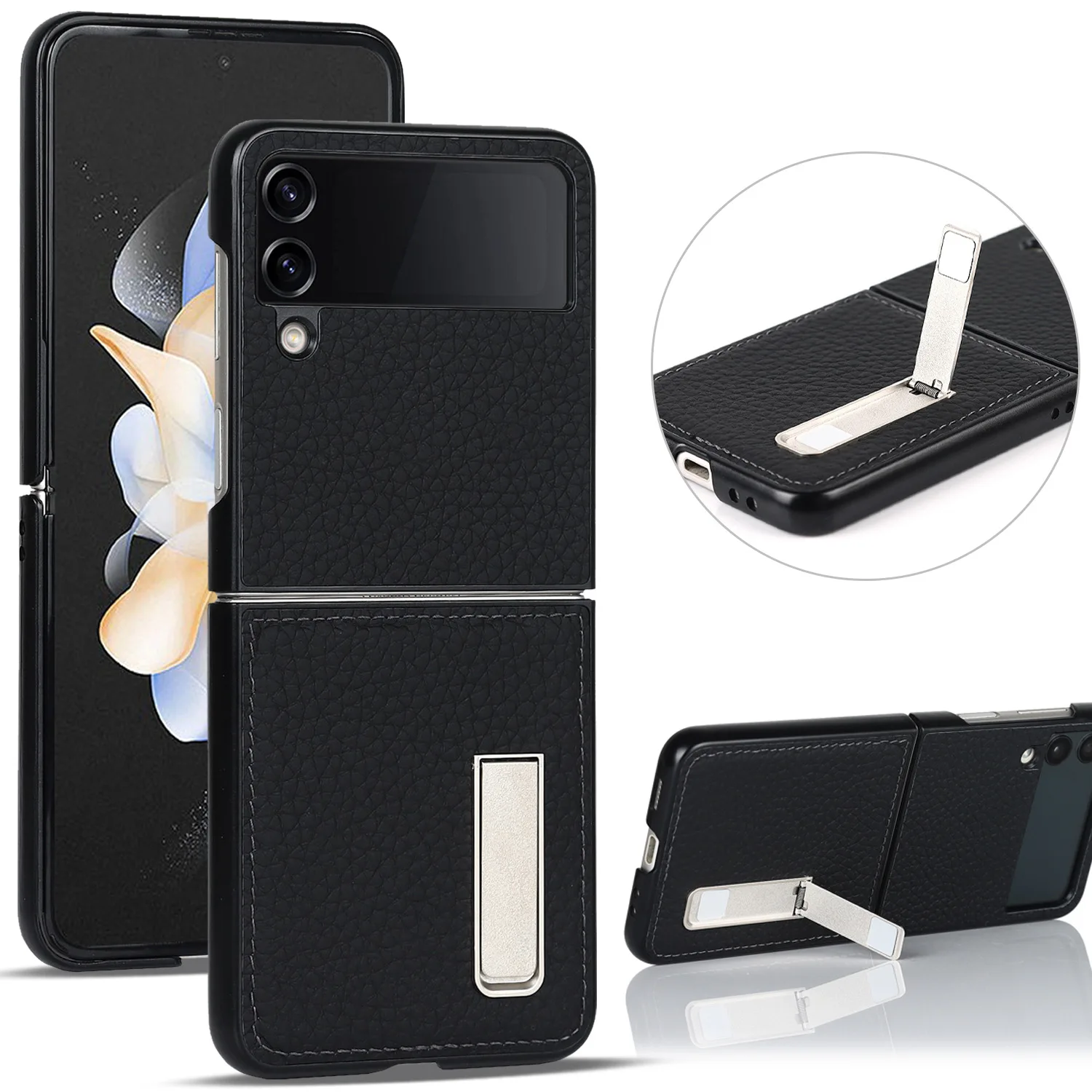 

Folding Genuine Leather Phone Case for Samsung Galaxy Z Flip 4 3 Flip4 Flip3 5G Anti-knock Back Cover Built-in Kickstand Holder