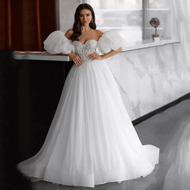 

Appliques See Through Top Sweetheart Short Sleeve Sparkle Tulle Zipper A-Line Wedding Dress Bridal Gown Vestido De Noiva