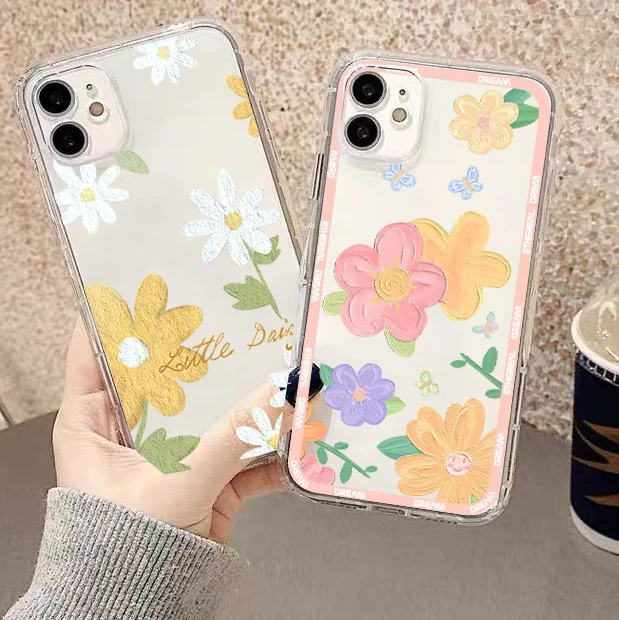 

Simple Pink Flowers Painting For Apple iPhone 13 12 11 Pro Mini X XR XS Max SE 6 6S 7 8 Plus Clear Phone Case Soft Black