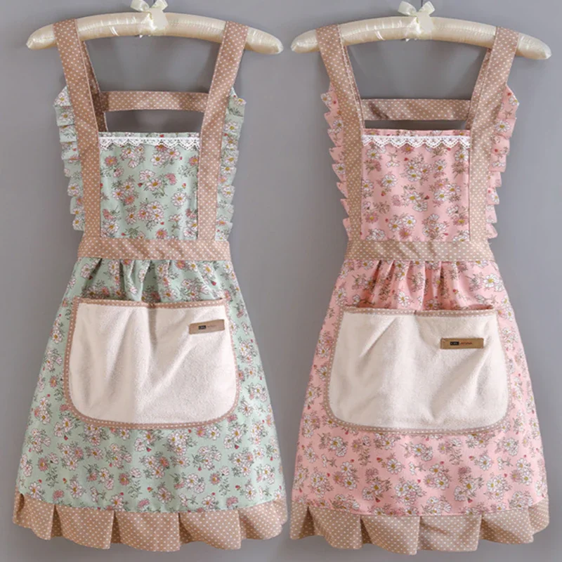 

Cotton Canvas Apron Korean Floral Style Kitchen Apron with Pocket Hand Towel Cooking Accessories Work Clothes Apron for Women