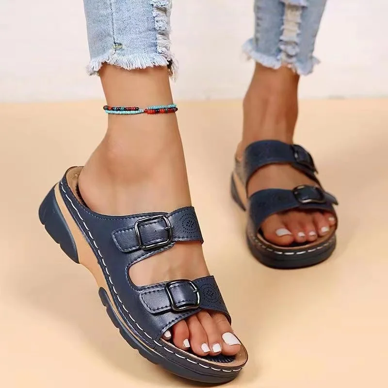 

Double Buckle Wedges Platform Sandals Women 2023 Summer Thick Soled Beach Slippers Woman Plus Size 43 Gladiator Sandalias Mujer