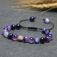 beads bracelet for women 8mm stone purple stripes agate braid rope charm bracelet couples meditation bracelet for men jewelry
