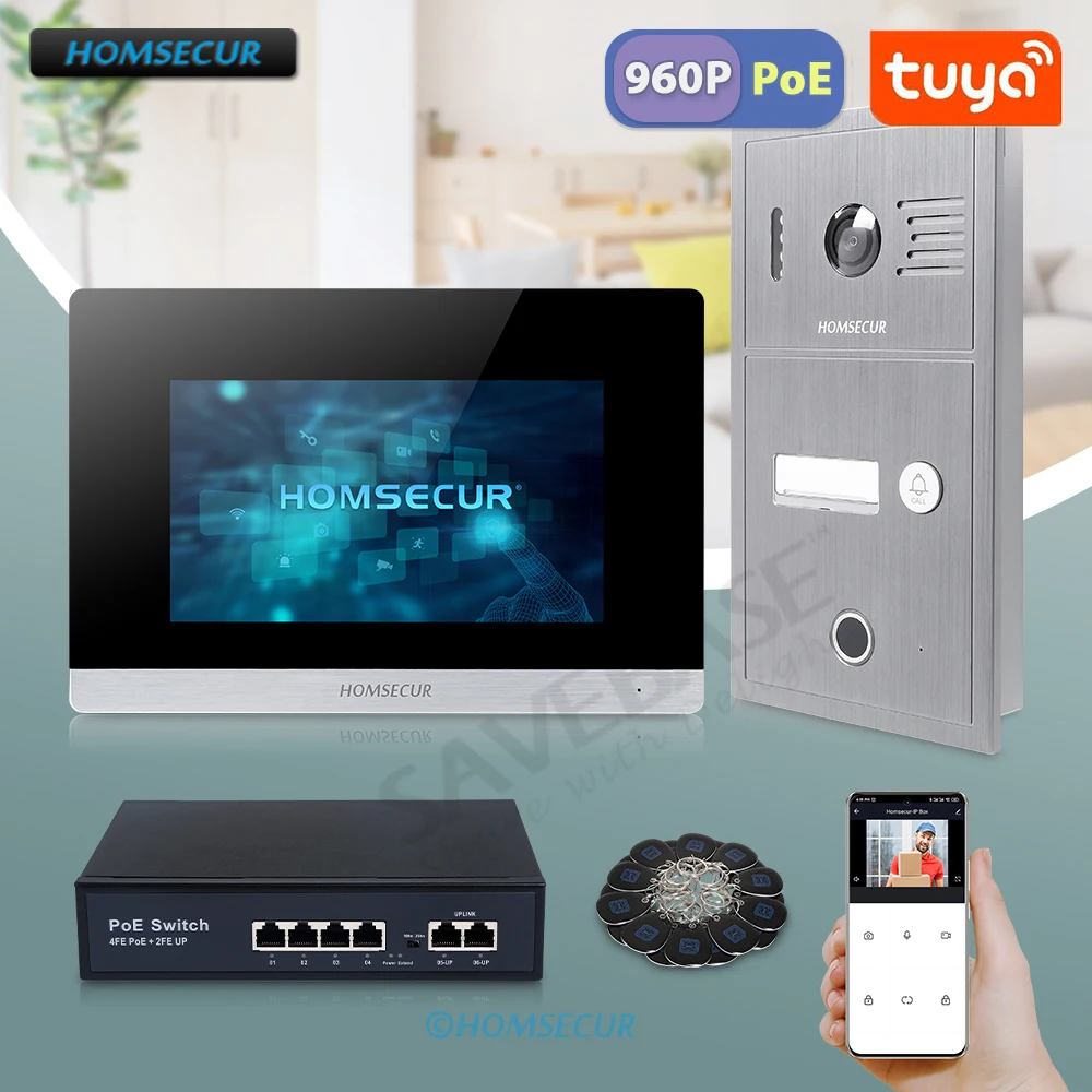Фото HOMSECUR PoE Powered RJ45 960P Приложение Tuyasmart Видеодомофон Вход отпечатков пальцев RFID Дверной звонок Камера Запись снимка №1