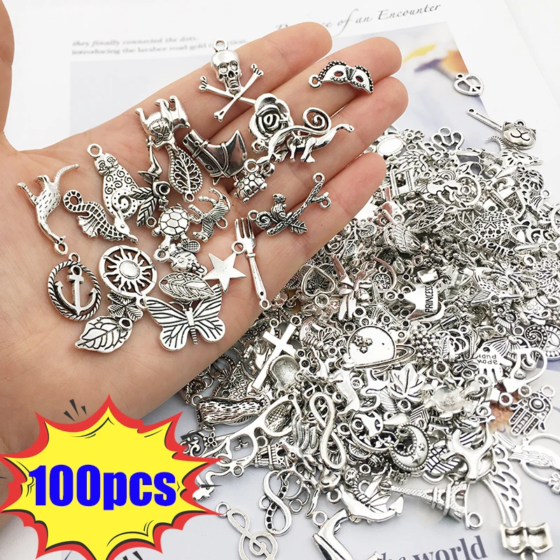100pcs Tibetan Silver Mixed Heart Butterfly Key Crown Charms Pendants DIY Jewelry for Necklace Bracelet Making Accessaries
