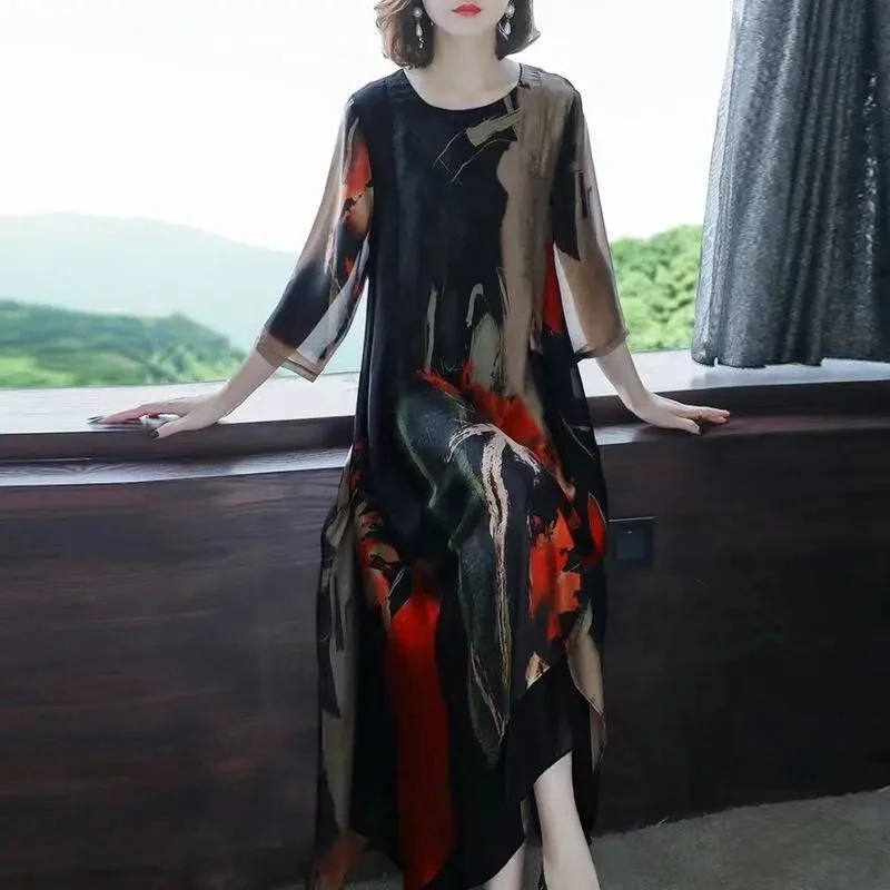

Женское длинное шелковое платье с цветочным принтом, повседневное свободное платье с винтажным принтом для вечеринки, лето 2022