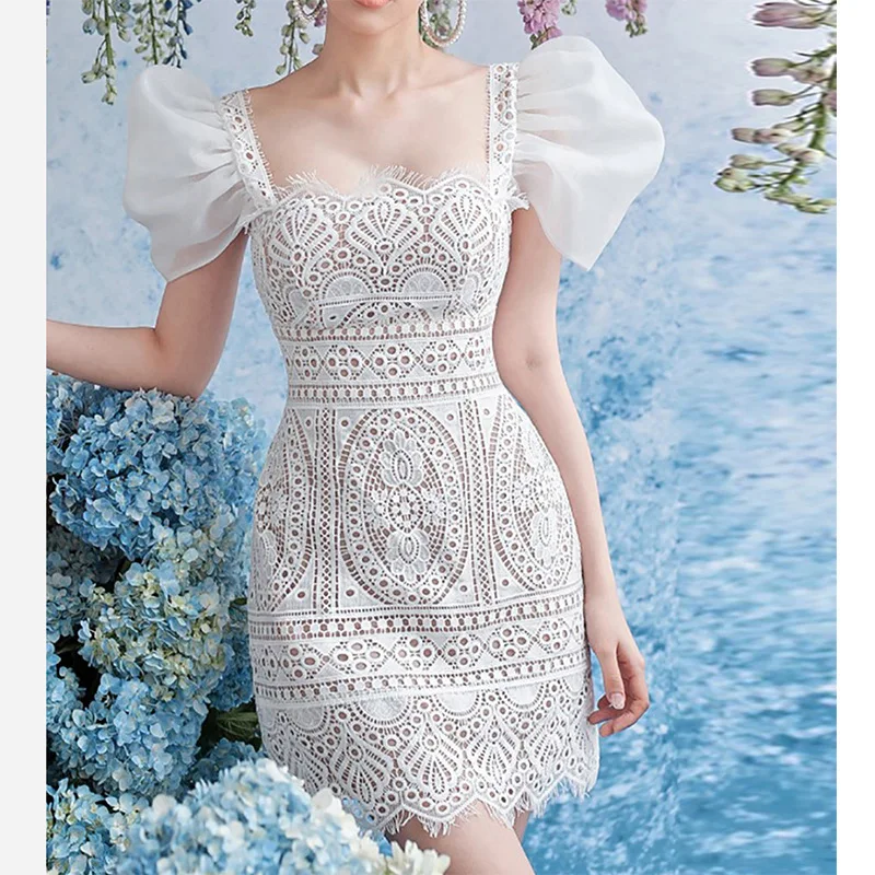 

French Bubble Sleeve Dress Dress Waistband Temperament White Lace Dress