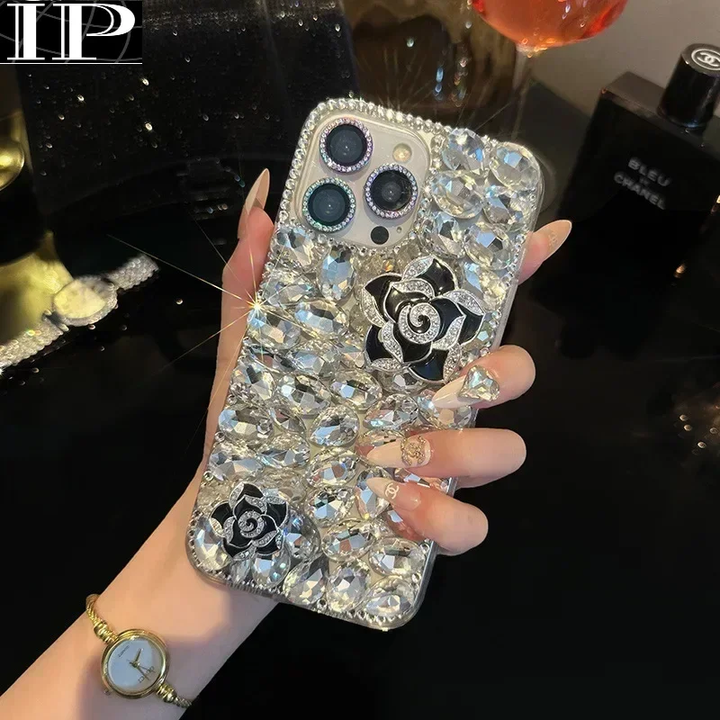 Чехол для телефона Iphone 15 Plus 13 Mini 14 Pro Max 11 12 Xs Xr 7 8 со стразами и цветком камелии
