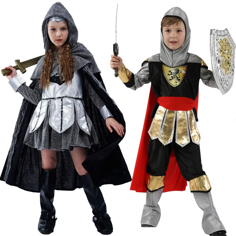 

Детские Мальчики королевские строительные Костюмы девочка солдат дети средневековые римские прикрепленные накидки на Хэллоуин Карнавал рыцарь-воин без оружия