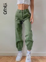 yikuo y2k green pockets cargo jeans bright line ruched pencil pants zipper streetwear 2022 casual punk sweatpants women joggers