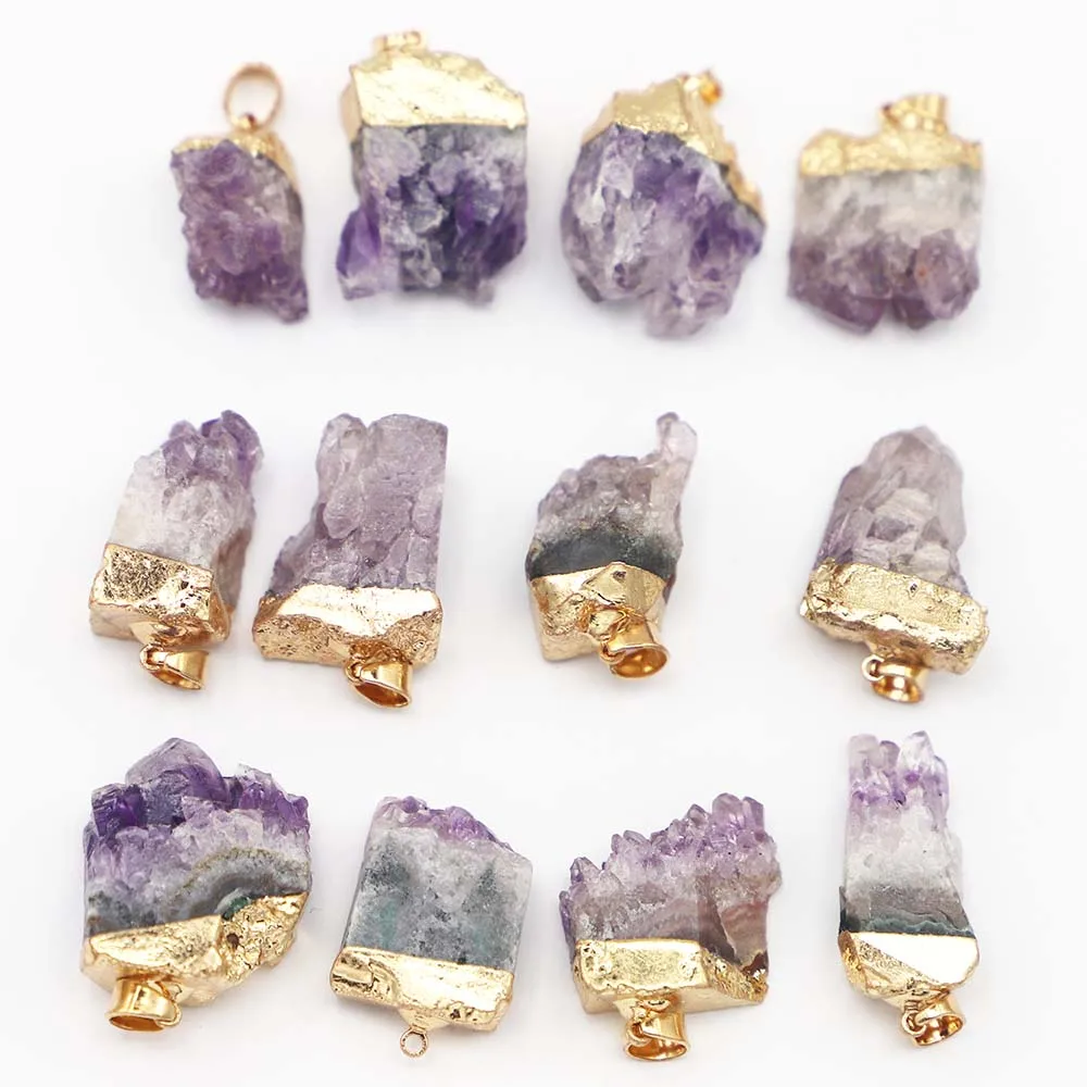 

Natural Tooth Gilt Edged Crystal Amethyst Pendants Cluster Amorphous Necklace Reiki Amulet DIY Jewelry Accessorie Wholesale 10Pc