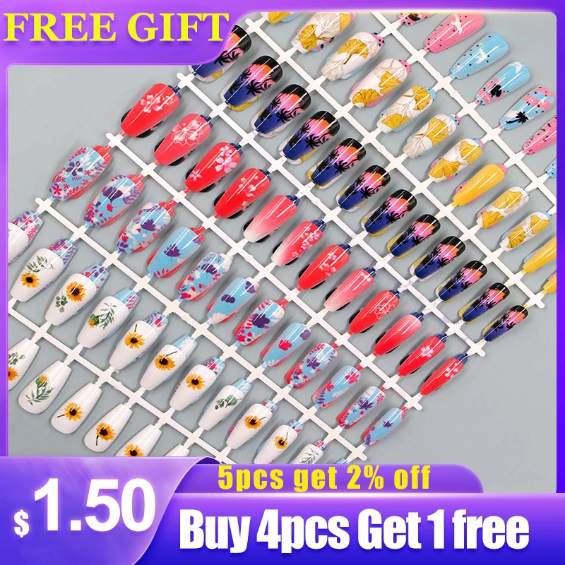 

24pcs/sheet fake nails with designs summer flowers trees press on faux ongles french long coffin tips DIY false crylic nails
