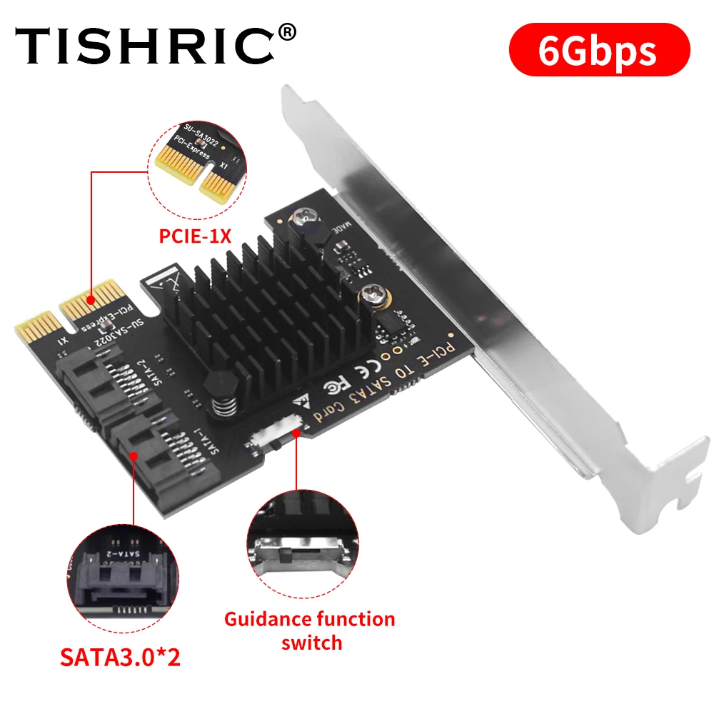 Плата расширения TISHRIC PCI Express, мультипликатор PCIE1X на 2 порта SATA, адаптер Pci Express SATA3.0, контроллер PCI Sata, дополнительные карты