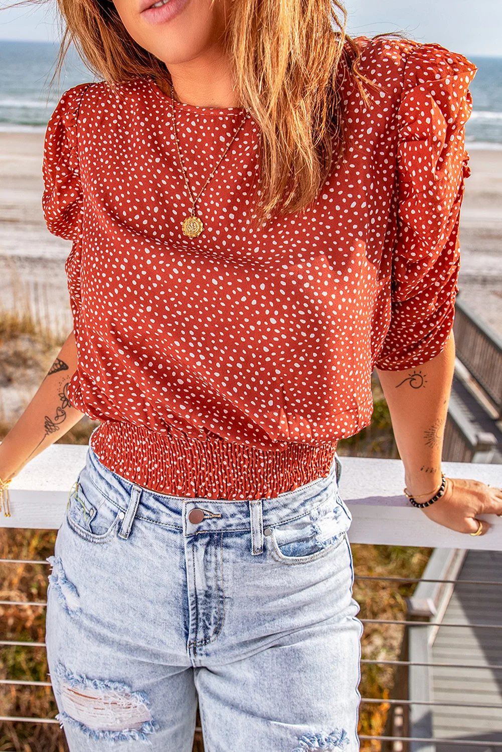 

Polka Dot Print Smocked Shirring Puff Sleeve Blouse for Women