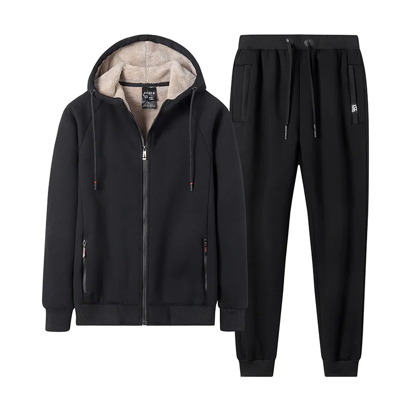 Mens Clothes Lamb Fleece Suit Male Fleece Thickened Cotton Jacket and Pants 2 Piece Set