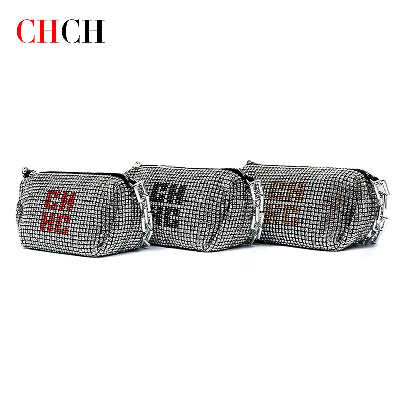 

Underarm Bag Ladies Luxury Design New Aluminum Chain Inlaid Rhinestone Shiny Portable Fashion High Quality Women's Shoulder Bag