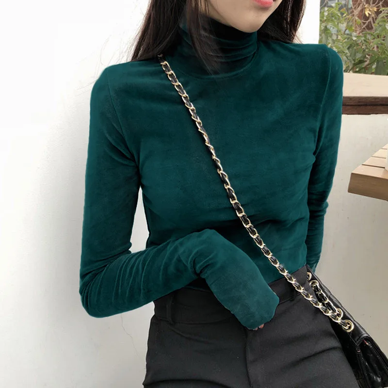 

Turtleneck Velvet Tops Women Long Sleeve T Shirts Solid Color 2021 Spring Autumn Velour T-Shirts Women Basic Shirt High Quality
