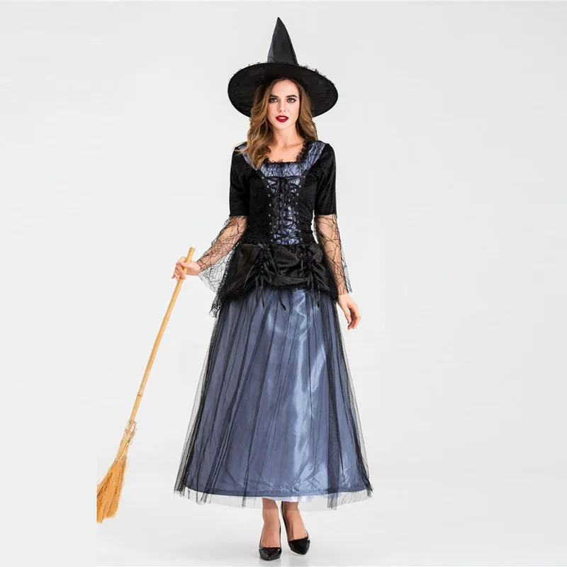 

Fantasy Black Witch Fancy Dress Up Halloween Sorceress Costume For Women Adult Queen Carnival Party Cosplay