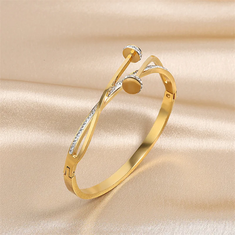 

Luxury Brand Double Twist Nail Bracelet With Cubic Zirconia Wedding Gift Wholesale Gold Color Stainless Steel Bangles Jewelry