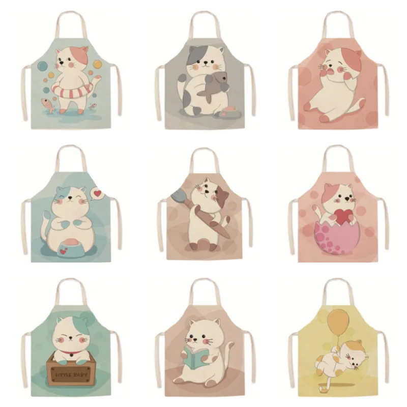 

Creative Cartoon Lucky Cat Decoration Sleeveless Apron Cotton Linen Kitchen Aprons Women Home Cooking Baking Waist Bib Pinafore