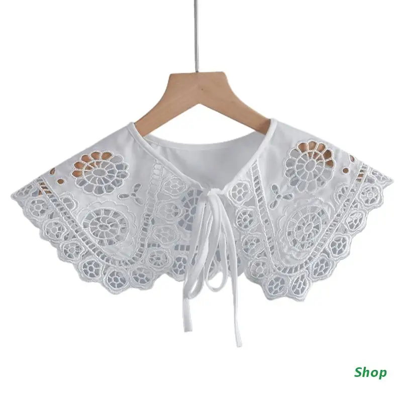 

L5YC Women Lolita False Collar Shawl Scarf Hollow Flower Embroidery Half Shirt Shrug