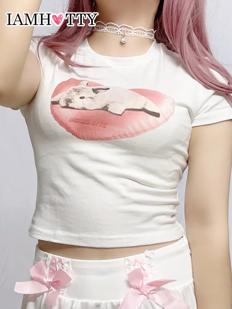 

IAMHOTTY Lolita Style Sweet Cartoon Rabbit Print Crop Top Y2K Coquette Aesthetic Short Sleeve T-shirts Harajuku Cute Cotton Tees