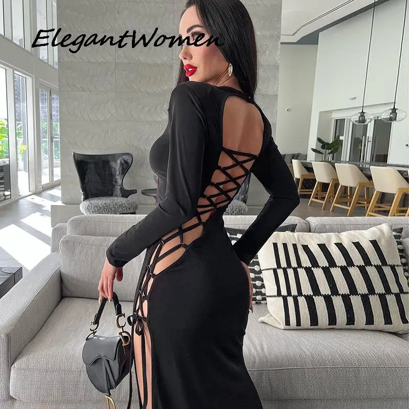 

Сексуальное облегающее платье с открытой спиной и разрезом сбоку, женское платье, осеннее платье-миди с длинным рукавом, черная Клубная одежда, вечерние платья