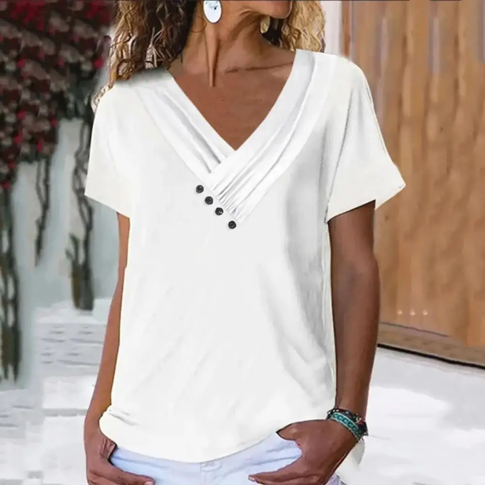 

V Neck Women T-shirt Short Sleeevs Button Decor Pullover Solid Color Soft Casual Breathable Summer Blouse Top Female Clothing