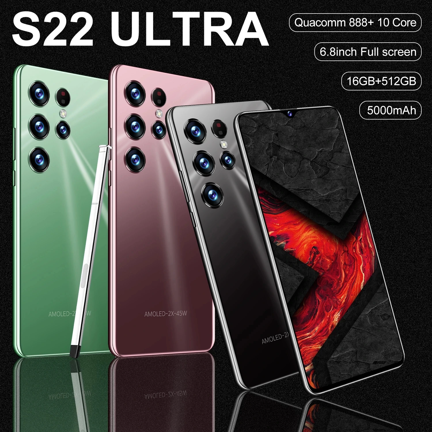 Celular S22 Ultra 5G Cellphone Qualcomm 888+ Global Version Telefon Android11 Unlock 7.3Inch 10 Core Celulares Smartphone Case