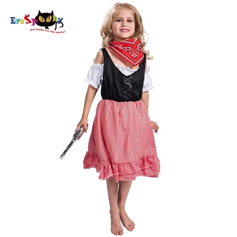 Cheap Girls West Cowboy Cosplay Halloween Costume Kids Vintage Cowgirl Plaid Dress with Scarf Carnival Easter Purim Fancy |