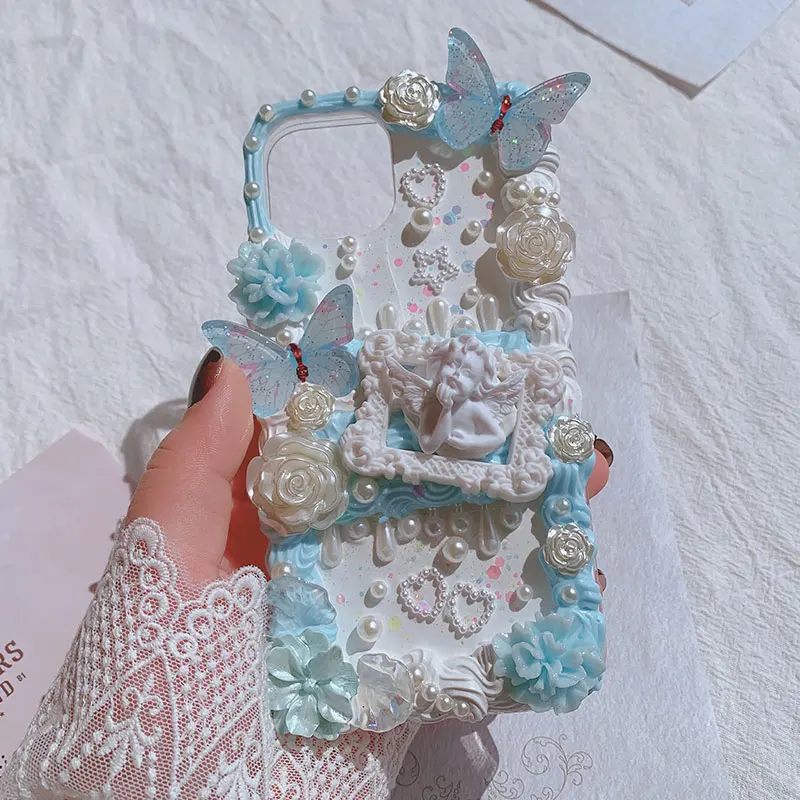 

Angel Blue Bowknot Handmade Case For iPhone 11 13 12 pro max DIY phone shell 3D XS MAX XR Creamy Customized Cover 6 7/8 12 mini