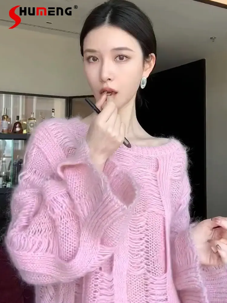 

Oversized Fashion Sweet Ripped Pink Pullover Sweater Women's Autumn 2022 New Elegant Casual Mid-Length Loose O-neck Knitted Top