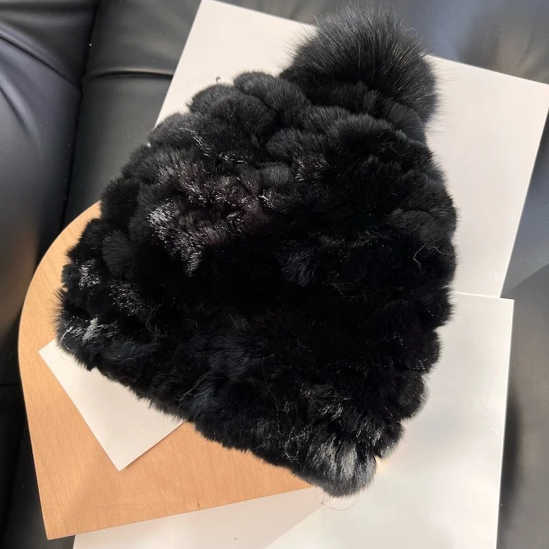 Winter Plush Fur Straw Hat Ladies Warm Anti-cold Rex Rabbit Fur Straw Hat Thickened Korean Version Of Luxury Ear  Protection Hat