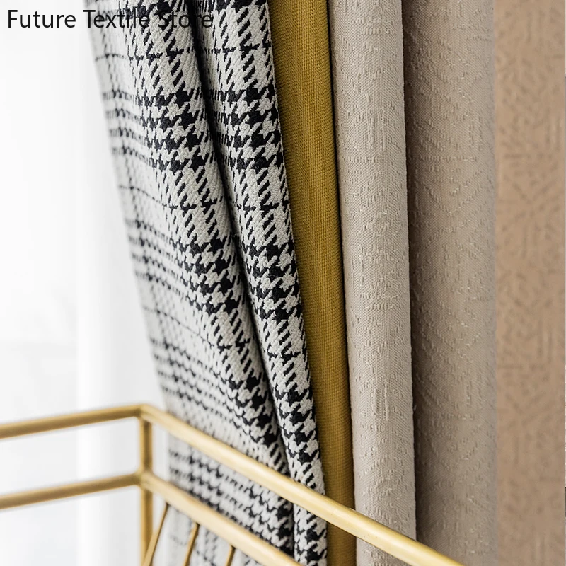 

Chenille curtains solid color stitching houndstooth bedroom shading living room high-end simple modern light luxury style