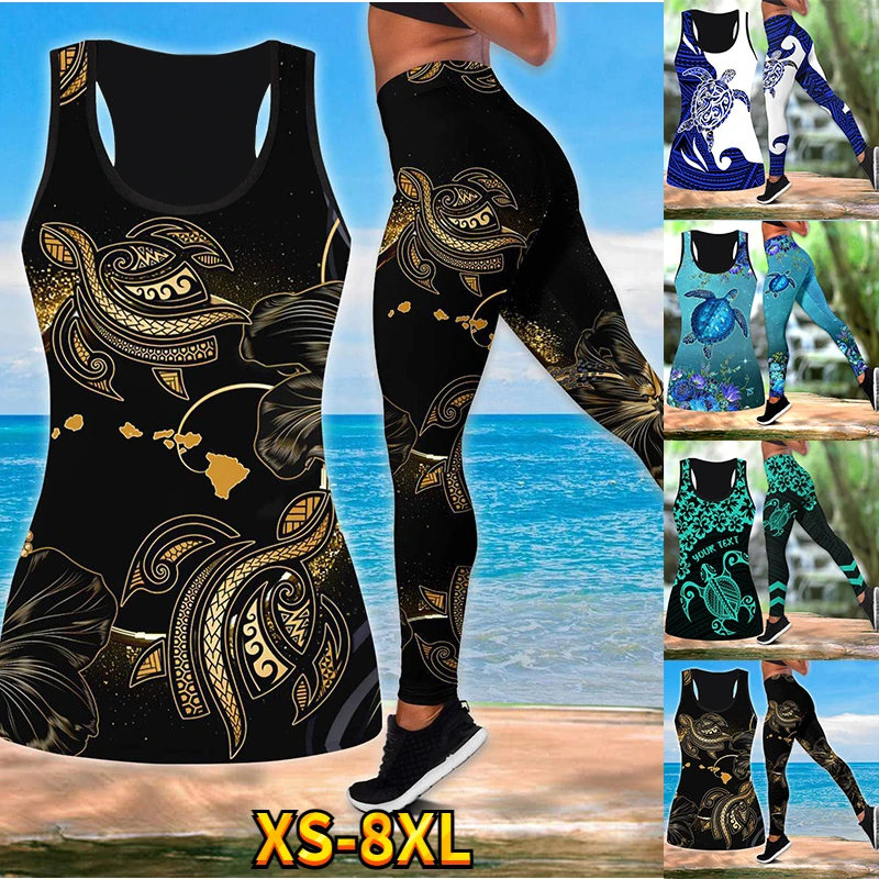 

Hawaii Hibiscus Turtle 3D Over Printed Legging Tank Top Combo for Women Vest Sexy Pants Girls Leggings Yoga Suit XS-8XL