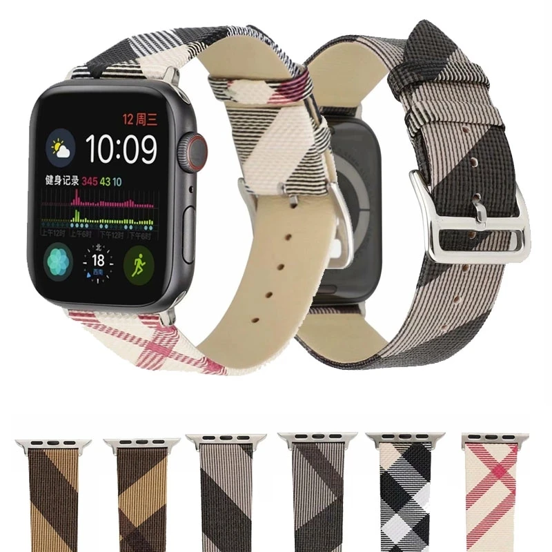 

Plaid Pattern Strap For Apple Watch Band 40mm 44mm 42mm 38mm Genuine Leather Wristband Belt Bracelet For Iwatch Series 7 6 Se 54
