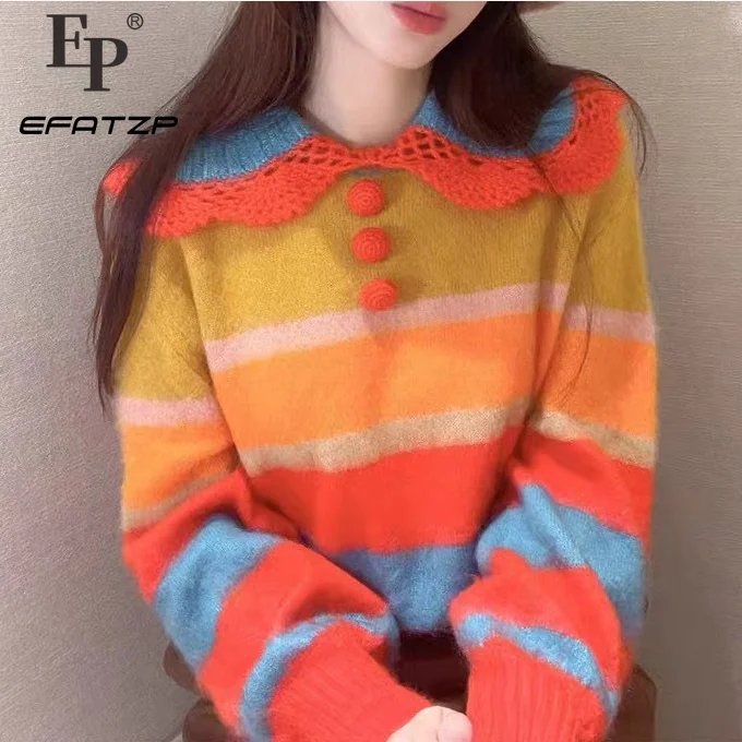 

EFATZP Rainbow Striped Knitted Sweaters 2022 Autumn Winter Women's Long Sleeve Casual Loose Pullover Top Sweater