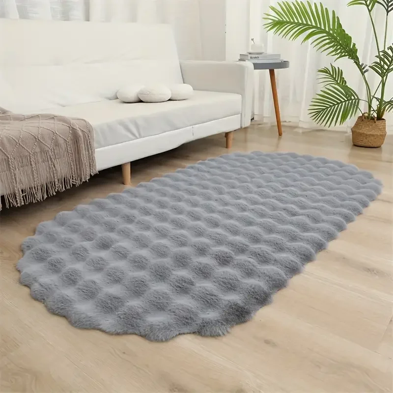 Luxurious Faux Rabbit Fur Oval Area Rug Plush Thick Warm Bubble Velvet Carpet for Living Room Fluffy Soft Bedside Floor Mat