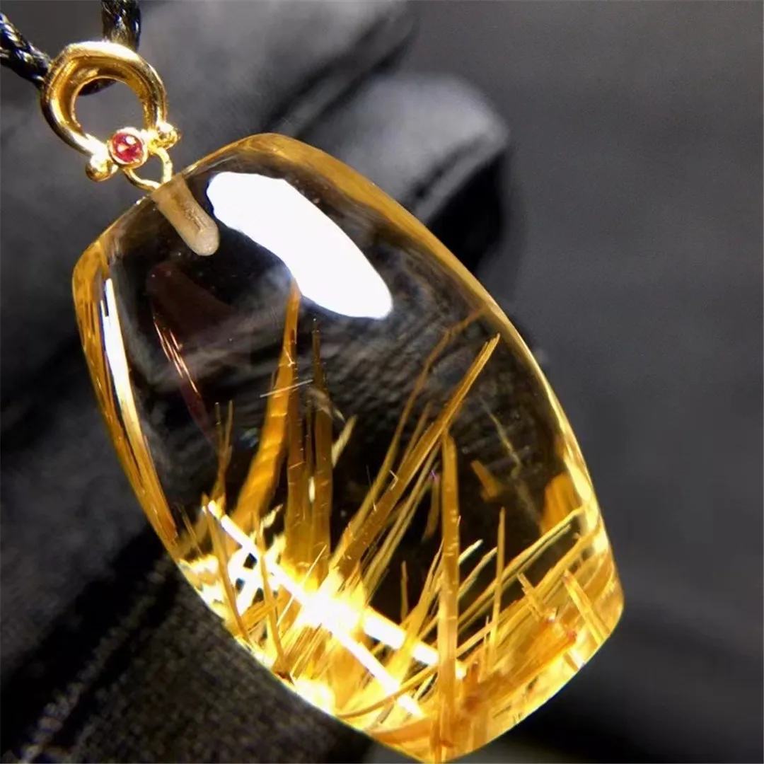 

Natural Gold Rutilated Quartz Pendant Jewelry For Woman Lady Man Beauty Gift Wealth Crystal 25x16x17mm Beads 18K Gold AAAAA